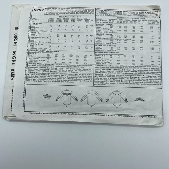 McCall’s 6262 Sewing Pattern Easy Western Shirt Men Women Size XS Uncut 1992 - Picture 2 of 3
